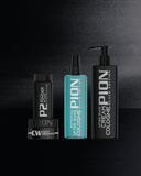 PION Black Edition P2 Ultra Hold Styling Powder, CW Cream Wax, After Shave Cologne and After Shave Cream Cologne on a dark background