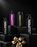PION Black Edition shavingel, after shave cologne, barber shave talc powder and after shave cream cologne on black gift boxes with a gold ribbon