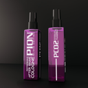 Two purple bottles with black caps on a dark background