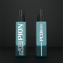 Two bottles of Pion cologne on a black background