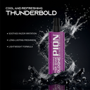 Purple bottle of Pion aftershave with water splash and black background