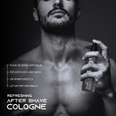 Man applying after shave cologne with product packaging visible